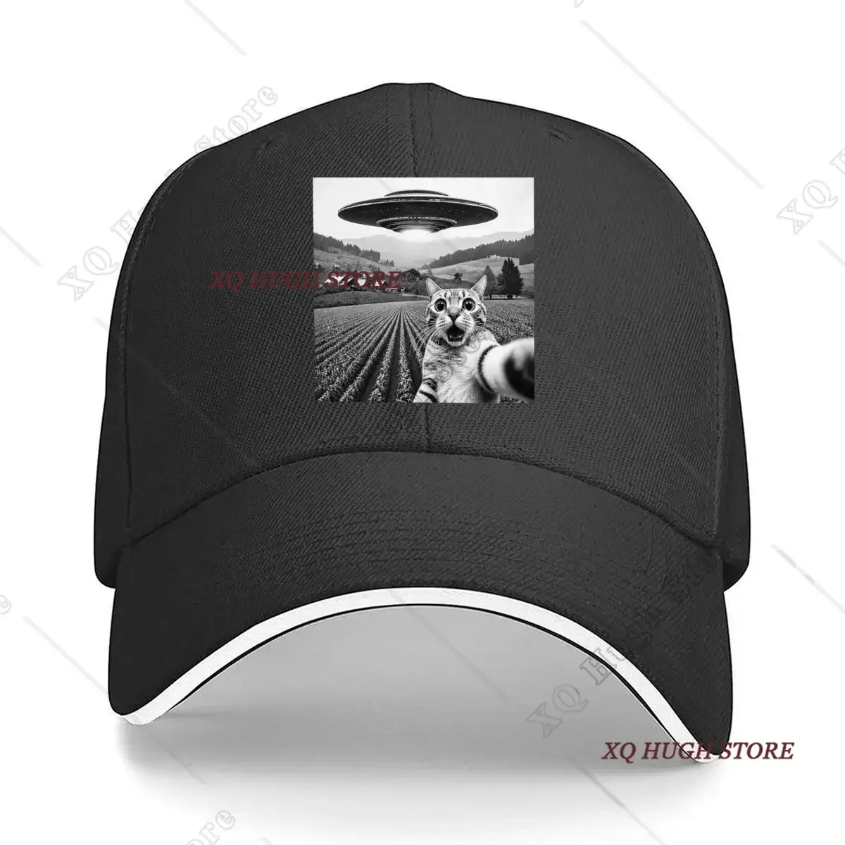 Surprised Cat Selfie Under UFO Farm Landscape Hip Hop hat Fashion Outdoor Sports Sandwich Baseball Cap