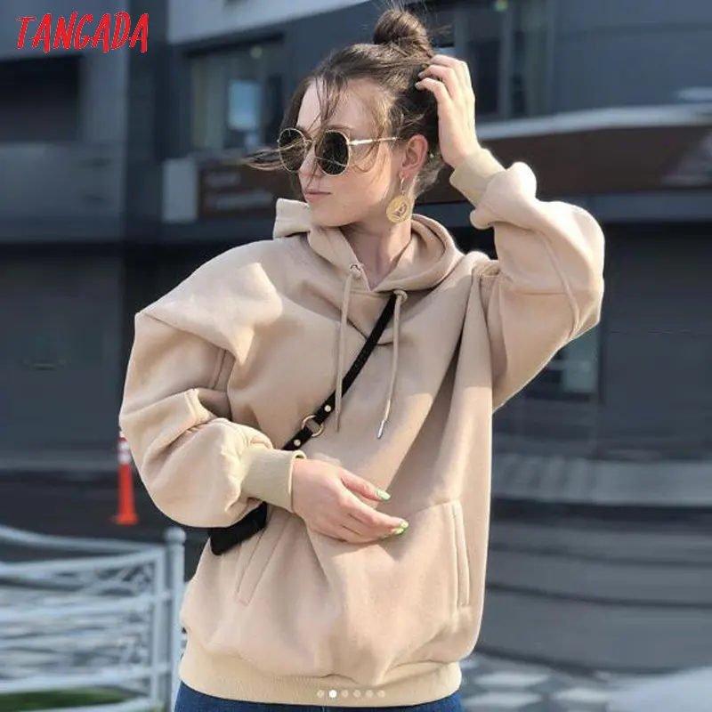 Tangada women fleece hoodie sweatshirts autumn winter fashion 2021 oversize ladies pullovers warm pocket hooded jacket SD60