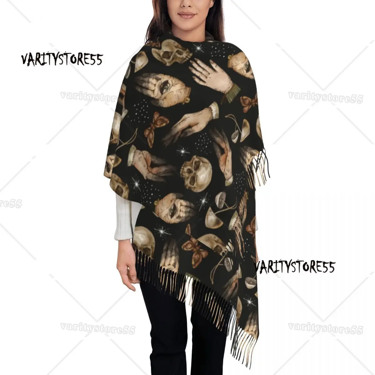 

Womens Tassel Scarf Magical Skull Witch Hands Moth Mushroom Large Winter Warm Shawl Wrap Gifts Cashmere Scarf