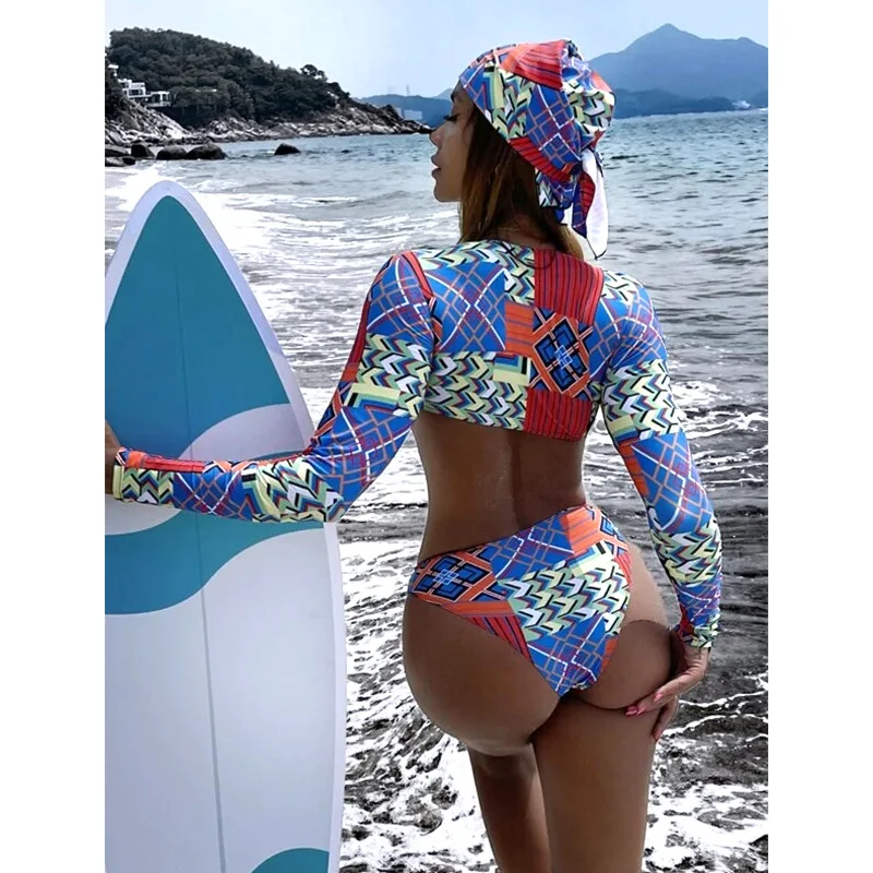 New Sexy Two Piece Swimsuit Swimwear Women Push Up Long Sleeve Print Bathing Suit Beachwear Female Banadores Bikinis 2024 Mujer