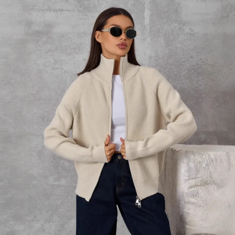 Minimalist Daily Ribbed Knit Zip Up Cardigan for Women Long Sleeve Top Loose Retro Elegant Solid Color Autumn Winter Outerwear