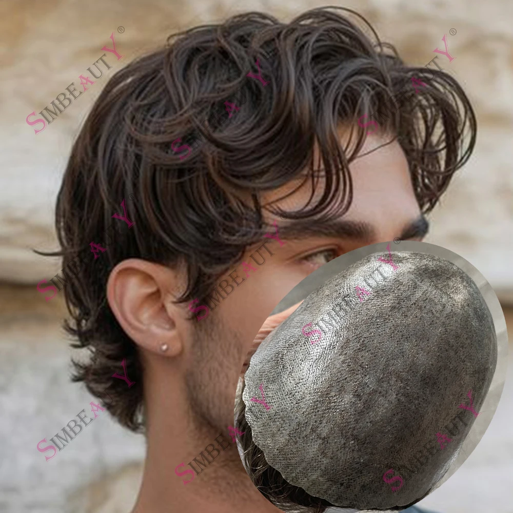 

Мужской парик-накладка из натуральных волнистых волос 30 мм, с естественной линией роста волос, прочная основа из ПУ 0,1 мм, имитирующая кожу, для замещения волос