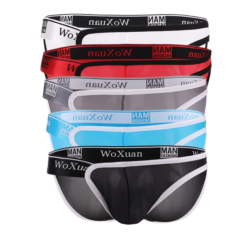 5PCS Men Underwear Ice Silk Briefs Summer Breathable Sexy Transparent Underwear Silky Lace Quick-Drying Silk Underwear