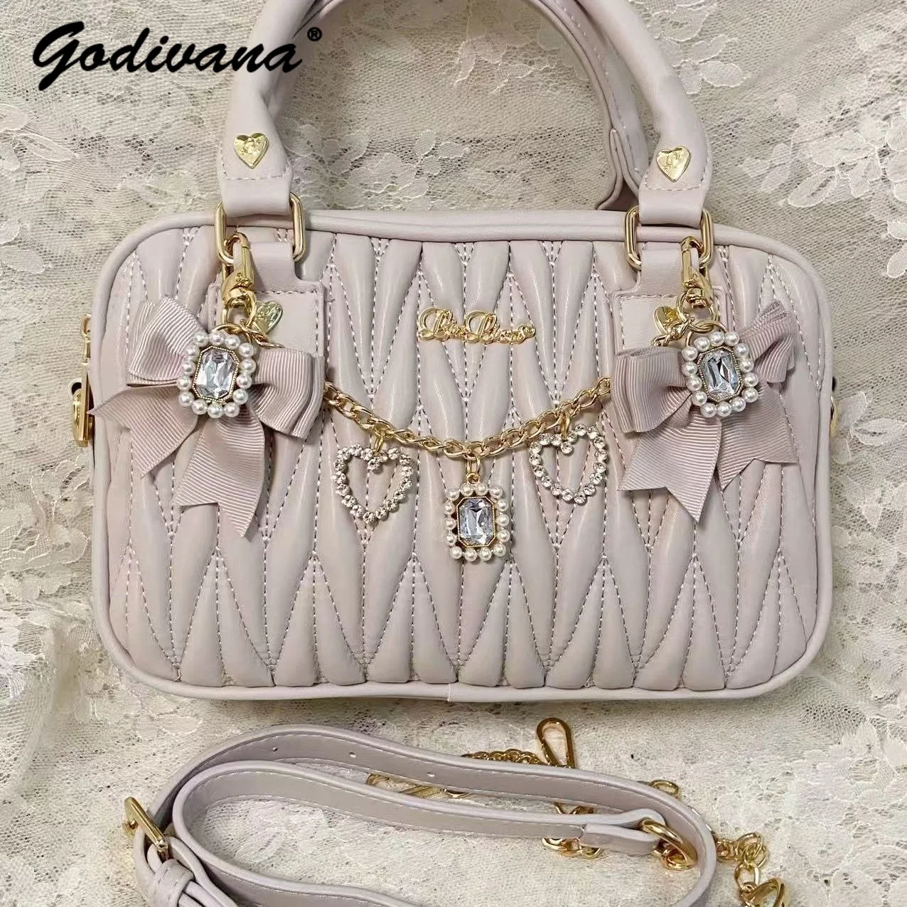 Japanese Style Sweet Heart Rhinestone Bow Tassel Ruched Lolita Pink Handbag Female Girls Square Crossbody Bag Handbags