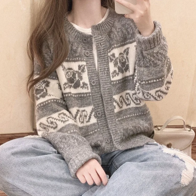 Vintage Grey Jacquard Knitting Cardigan Women Autumn Winter Casual Loose O-neck Sweater Coat All-match Long Sleeve Knitwear Tops