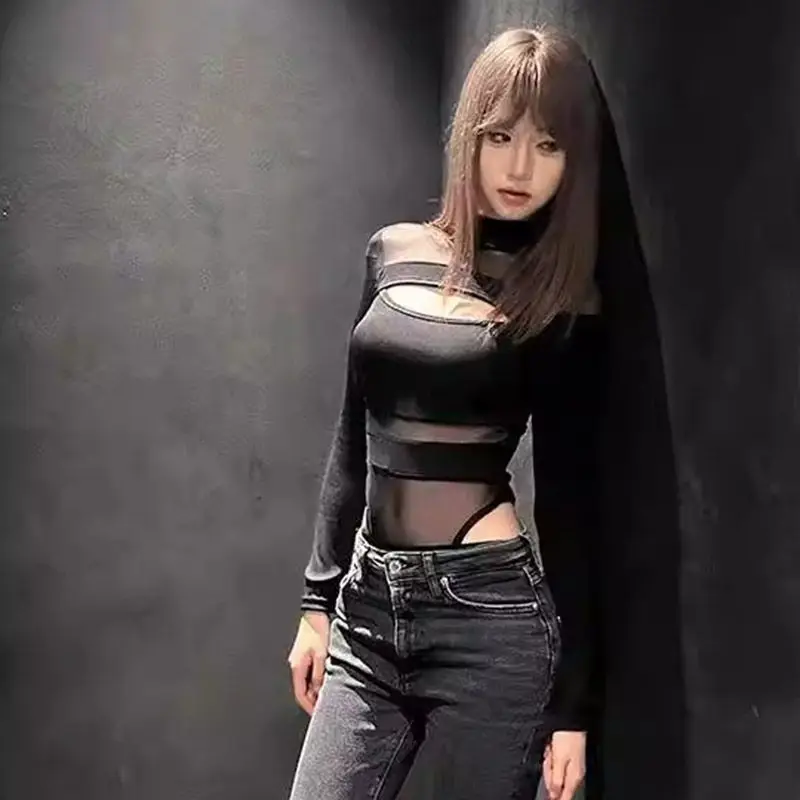 

Mesh see-through onesie niche design nightclub spice Girl sexy semi-turtleneck T-shirt top woman