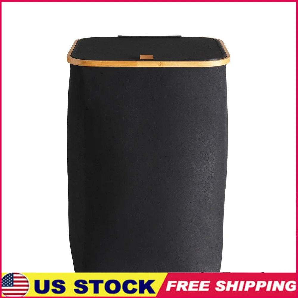

Collapsible Laundry Hamper Black Polyester Cotton Canvas Bamboo Rim Cut-out Handles Easy Carry Heavy Duty Storage Solution