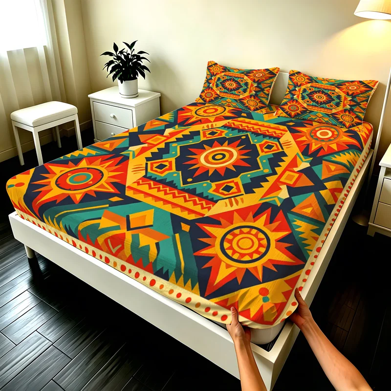 3Pcs Microfiber Fitted Sheet Set,Deep Pocket,Multi-Sizes,Durable,Bohemia Bedroom Decor,Bold Sunburst and Geometric Tribal Motif