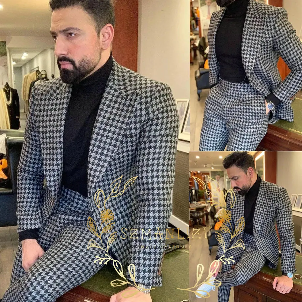 

Woolen Grey Houndstooth Men Suits Peaked Lapel Formal Tuxedos For Wedding Bridegroom Prom Blazers Costume Homme 2 Piece Sets