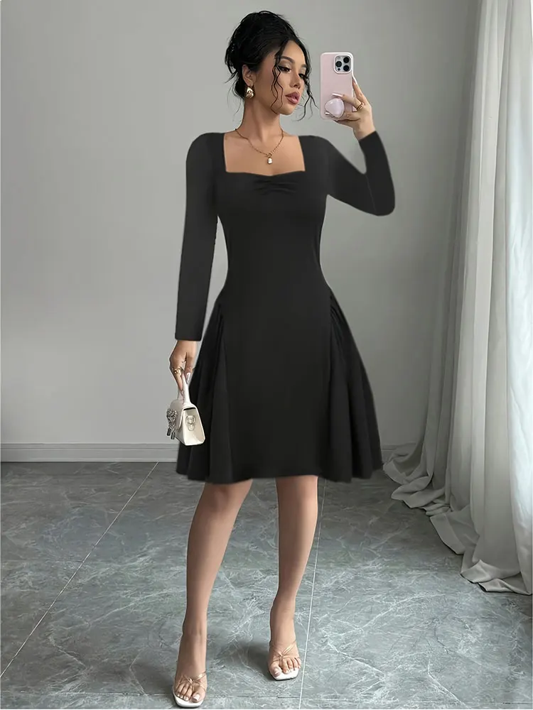 Nowa francuska sukienka midi z długim rękawem, czarna, z diamentowym kołnierzykiem, seksowne stroje damskie, eleganckie sukienki na imprezę, modny element, spódnica w kształcie litery A.
