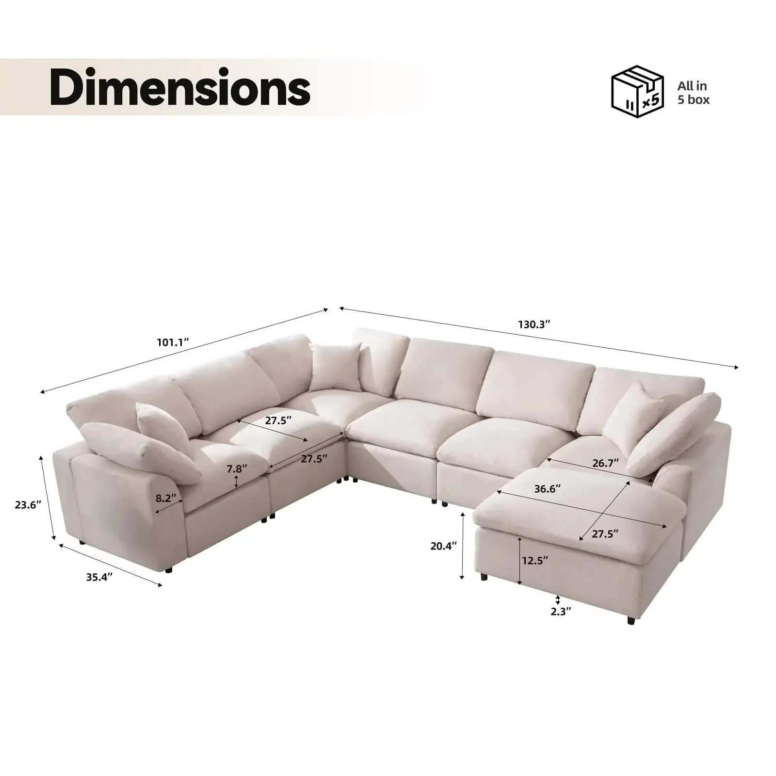 Modular Sectional Sofa Modern Oversized Chenille Cloud Couch with Movable Ottoman 7 Seater L-Shaped Sofas Comfy Couches