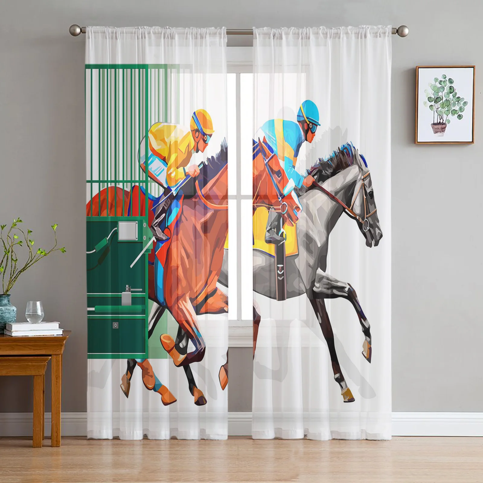 Arena Horse Racing Colorful Sheer Curtains for Living Room Decoration Window Curtains for Kitchen Tulle Voile Organza Curtains