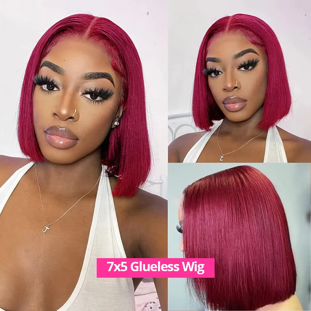 

Wear and Go Glueless Bob Wig Human Hair 100% Straight Lace Frontal Wig 99J Red Colored 7x5 13x4 Glueless Wigs Ready to Wear