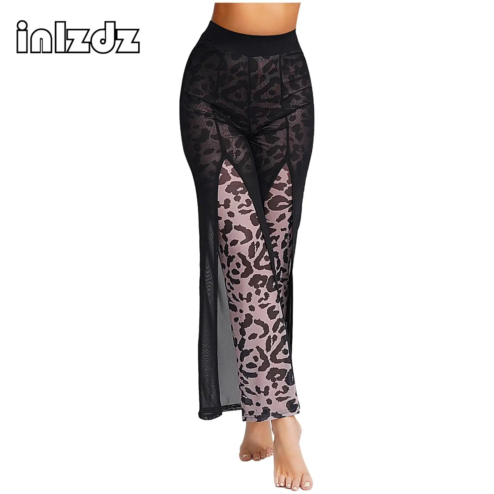 

Women's Leopard Print Latin Modern Dance Wide Leg Pants with Sheer Mesh Slit High Waist Elastic Trousers for Party Daily Wear