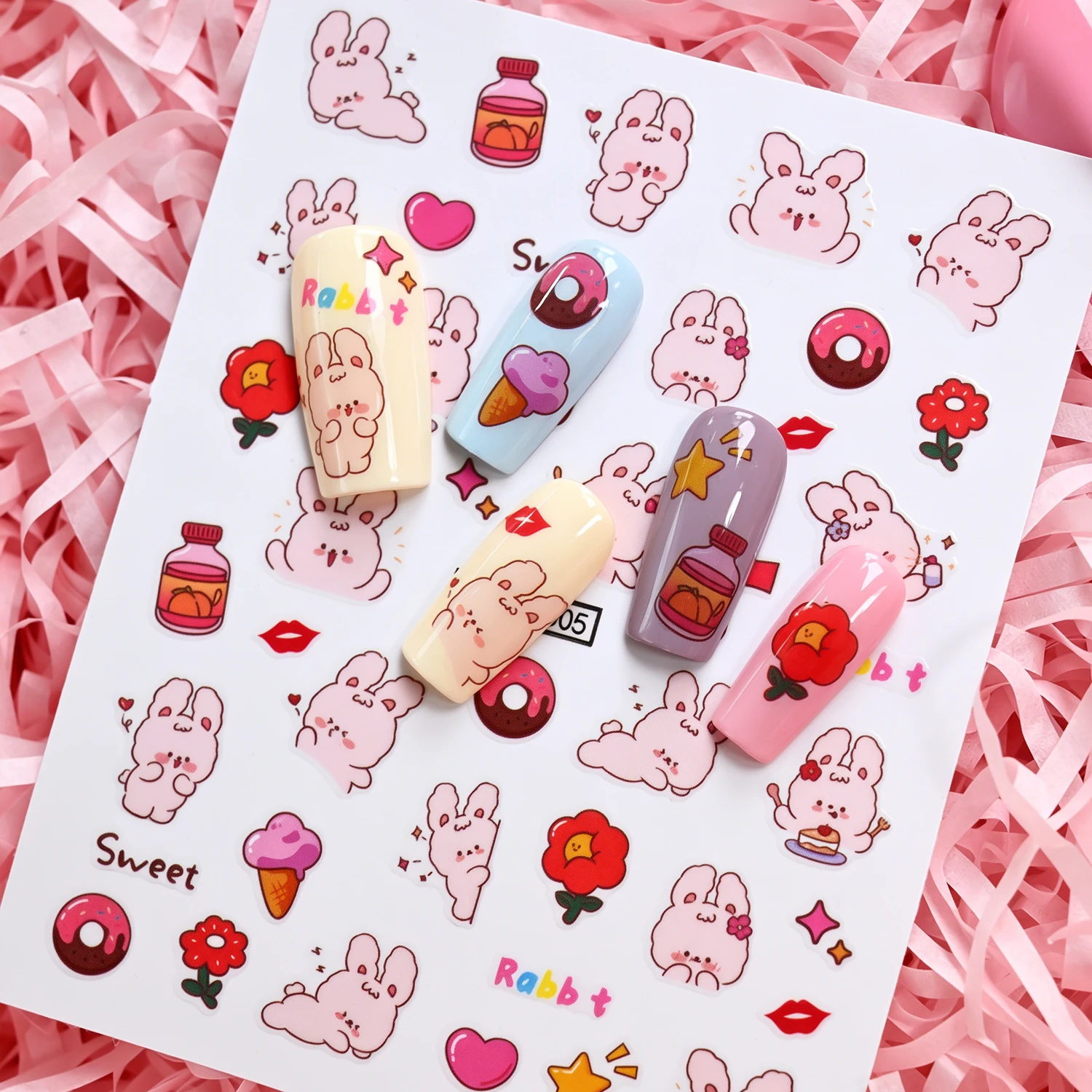 1Pcs Kawaii Pink Ribbit Nail Stickers Flower Donut Ice-Cream Bunny Self Adhesive Nails Decals Kid Girl Cartoon Manicure Sliders view 3