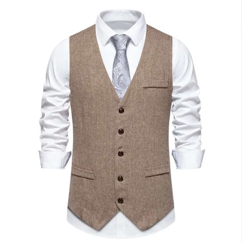 #4856 Khaki Gray Men\'s Sleeveless Vest Single Breasted Office Male Vest V-neck Split Joint Elegant Man Vest Regular Fit Spring