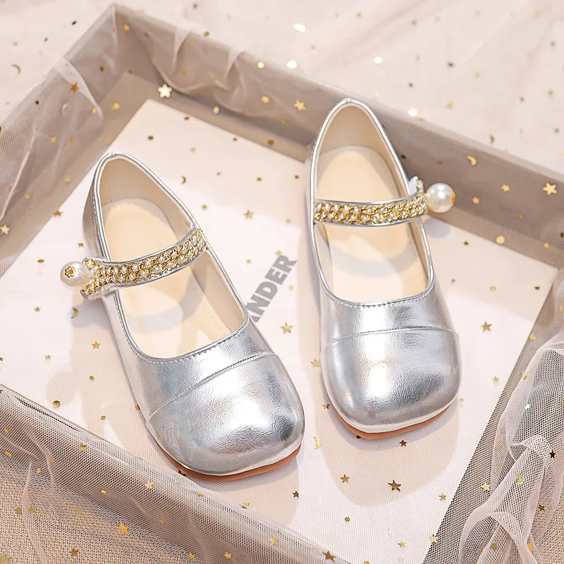 Kids Shoes for Girl Patchwork Glossy Fashion Causal Children Silver Leather Shoes Toddlers Shallow Pearl Flats Mary Jane Shoes