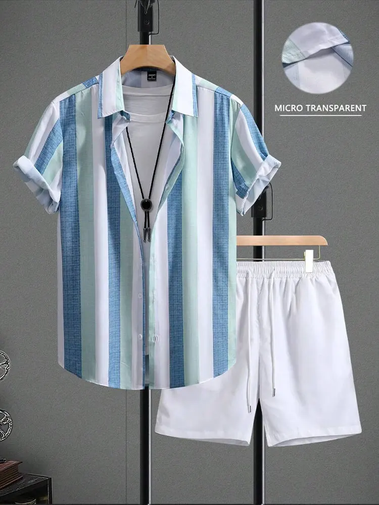 Sommerliches Hawaii-Herrenhemd mit Shorts, zweiteiliges Set, gestreift, bedruckt, Freizeitanzug, Herren-Kurzarmhemd, Streetwear, Strandshorts, Outfit