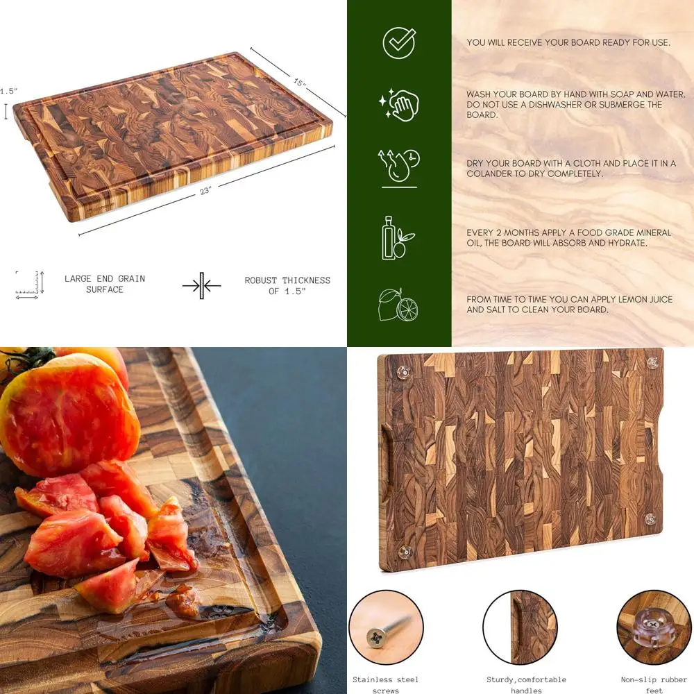

Large Thick Teak Wood XXL Cutting Board with Juice Groove, Non-Slip Base, and Comfort Grip