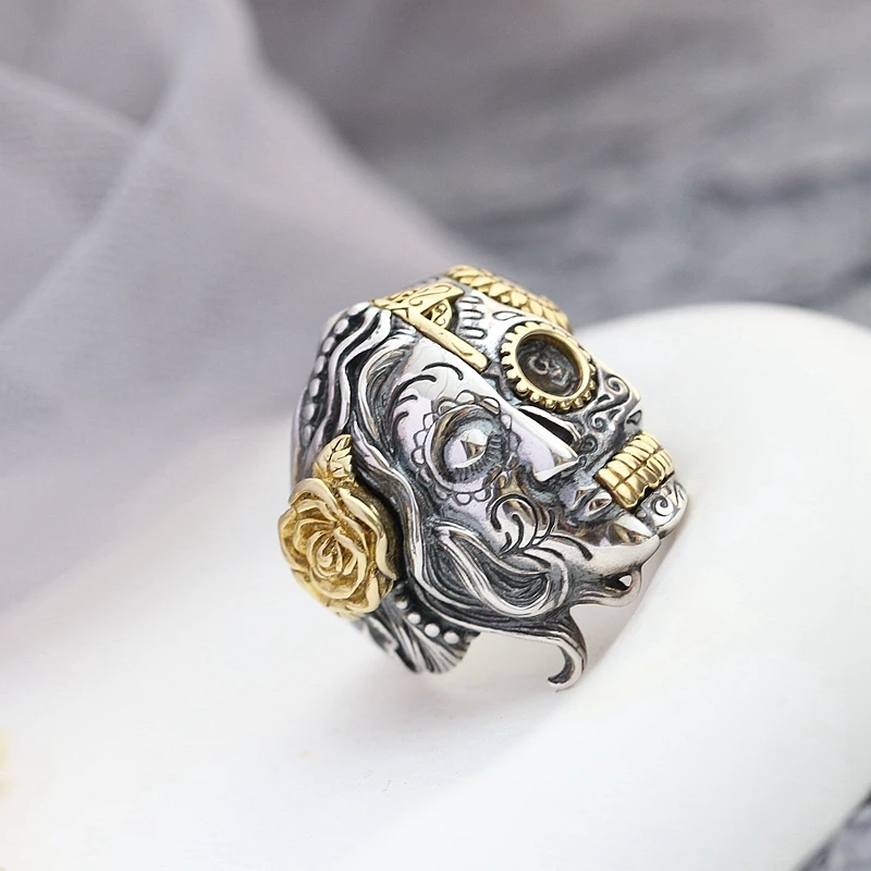 Authentic 925 Sterling Silver Ring Classic Nostalgia Retro Punk Style Skull Open Ring Unisex Fashio Tide Flow Party Jewelry image 6