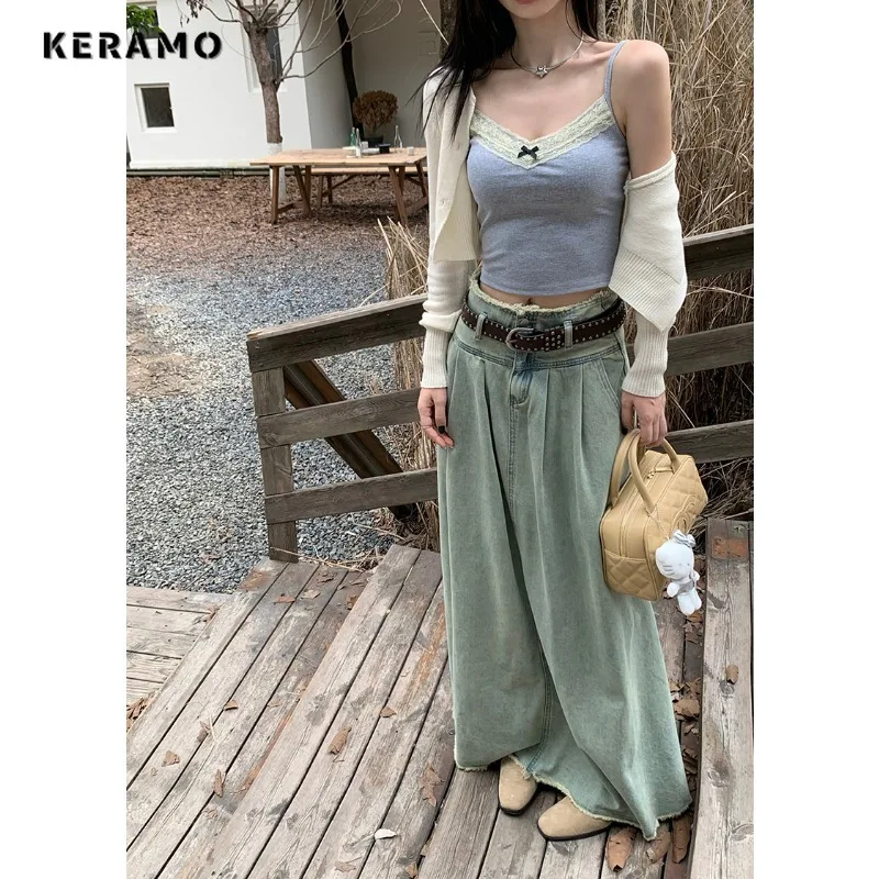 2023 Autumn Women\'s Vintage Blue Harajuku Denim Skirt Winter High Waist Y2K High Street Style Casual A-line Tassels Sexy Skirt