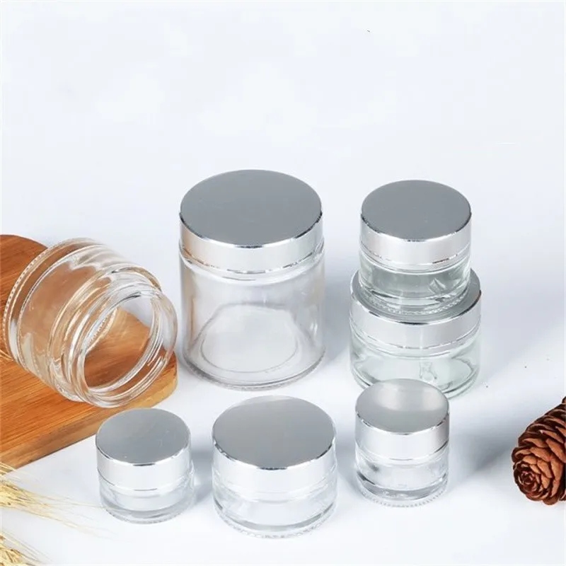 5g-50g Clear Glass Cream Empty Jar Pots Cosmetic Makeup Container Silver Gold Lid Storage Organization Travel Refillable Bottles