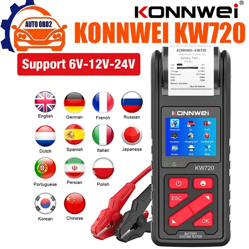 

KONNWEI KW720 6V/12V/24V Motorcycle Car Truck Battery Tester Battery Analyzer Charging Cranking Test Tools with Built-in Printer