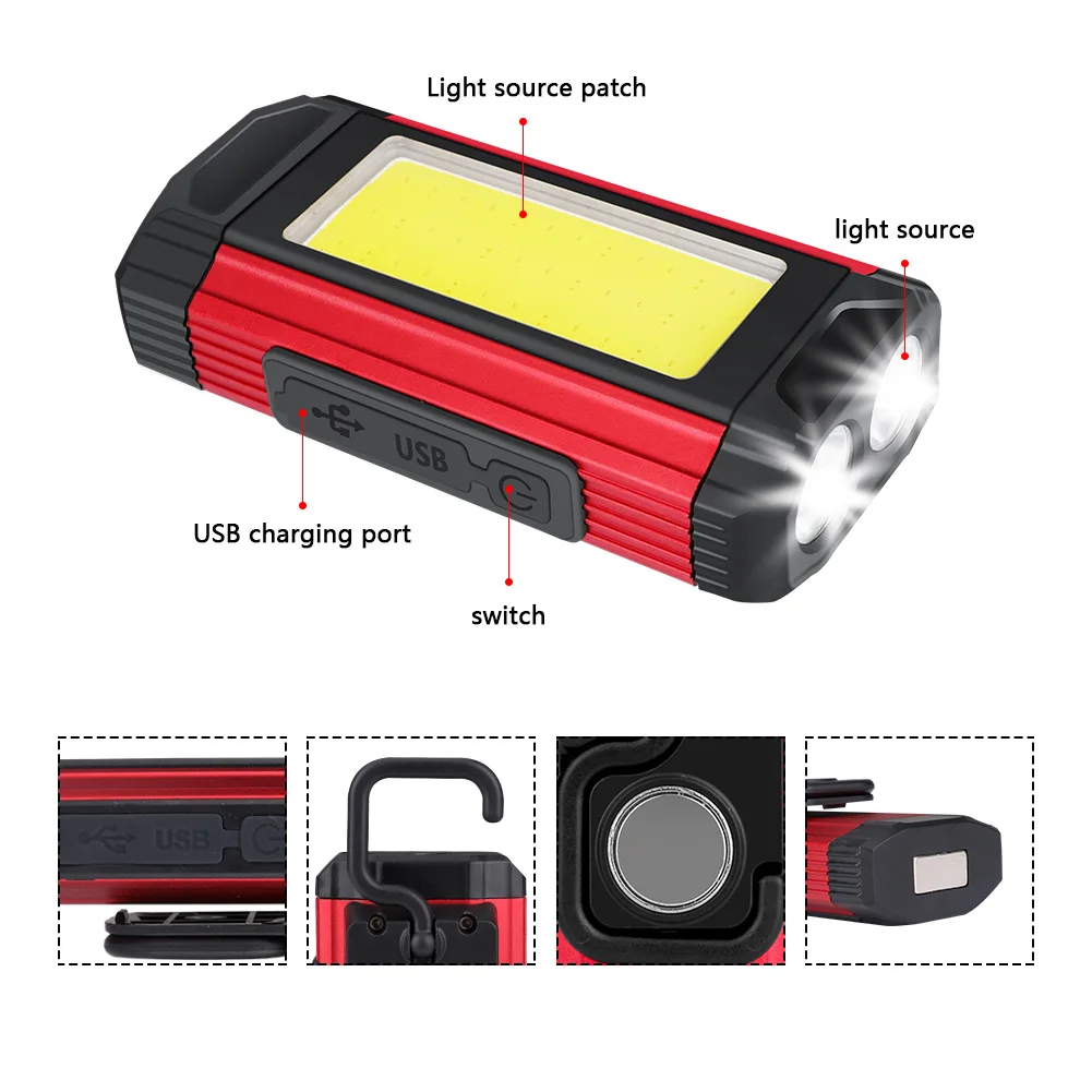 Linterna LED de trabajo COB con carga USB magnética, lámpara de doble fuente de luz con batería integrada 18650, entrada y salida