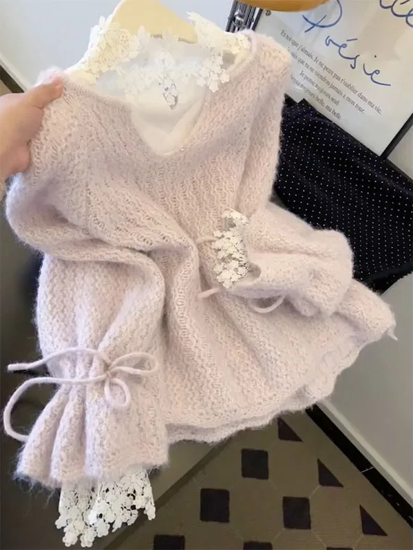 

Ele Korean Sle Lace Hollow Knitted Sweater Women's Loose Long Sve Top Autumn Winter Comfortable Soft Fabric