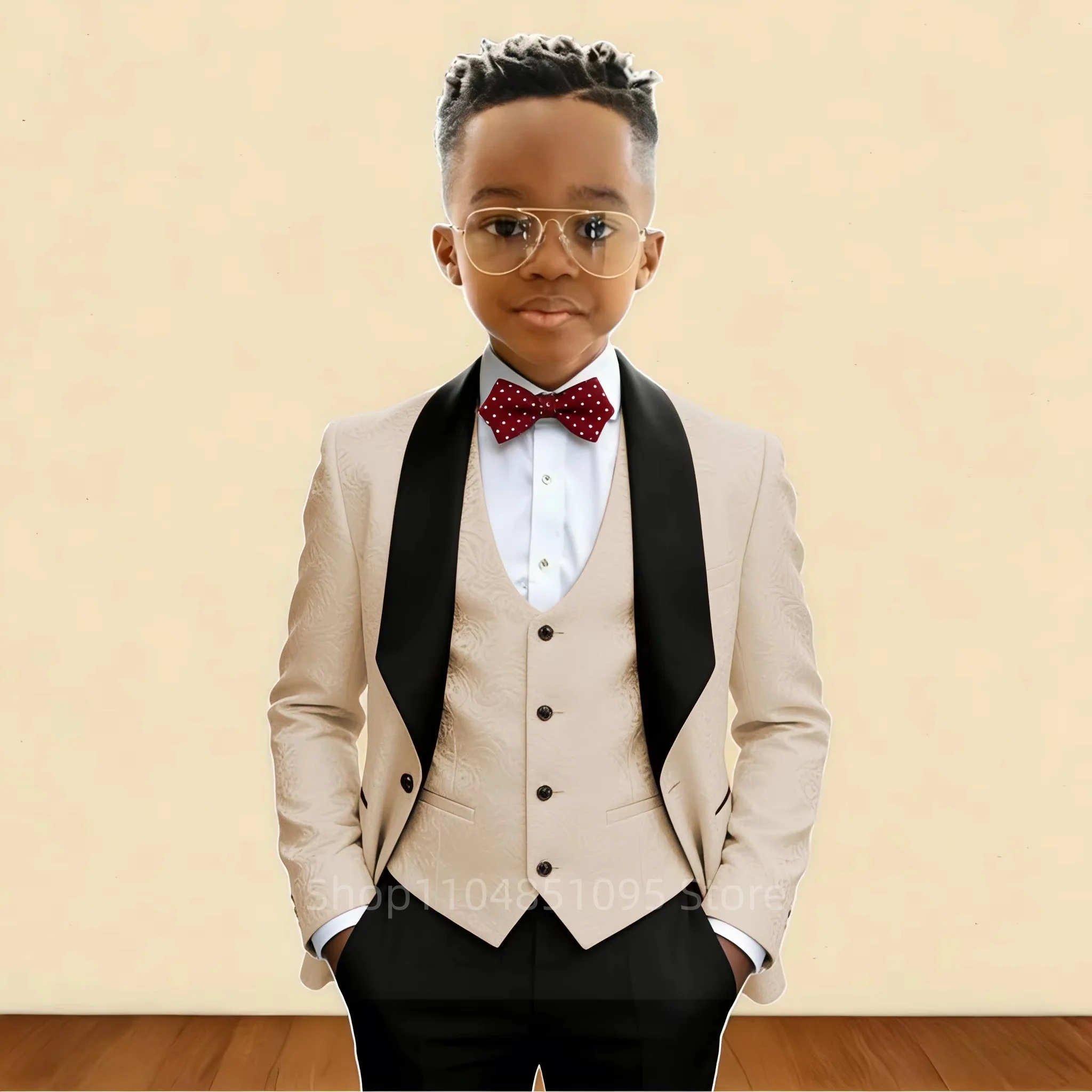 champagne Jacquard Suit for Boys Wedding Tuxedo 3 Piece Shawl Lapel Jacket Pants Vest Kids Blazer Set Slim Fit Child Outfit
