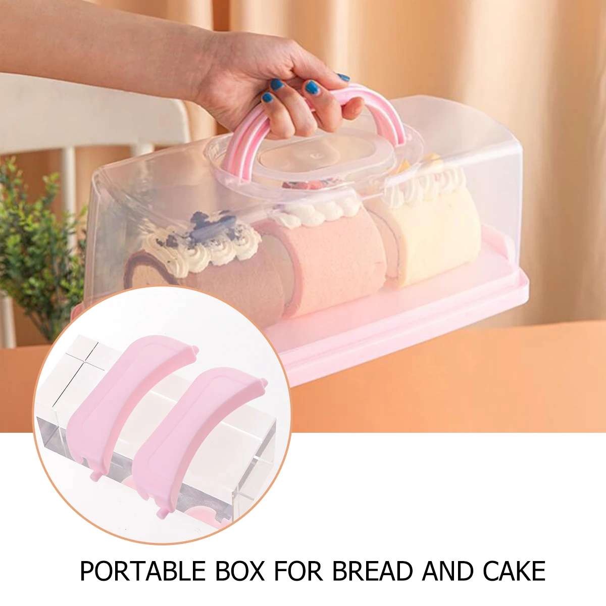 

Portable Bread Box Pink Transparent Plastic Cake Storage Case With Handle Sealing Buckle For Bakery Tea Room Home Use Cake