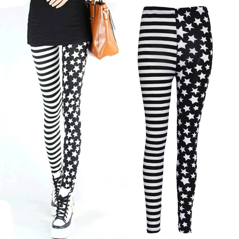 

G92F Women Stripe+Stars Tights Leggings Elastic Waist Stretch Pencil Pants Jeggings