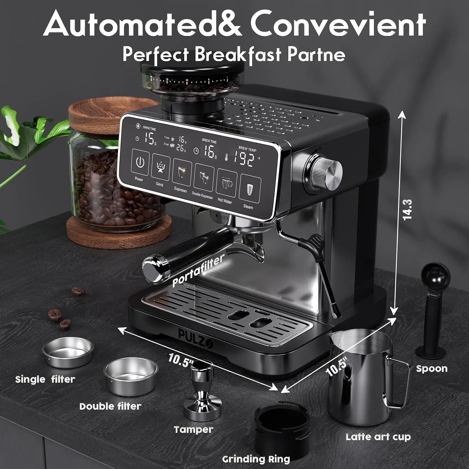 Espresso Machine with Grinder, 20 Bar Professional Coffee Machine, All-in-One Stainless Steel Coffee Maker with Milk Frother, to