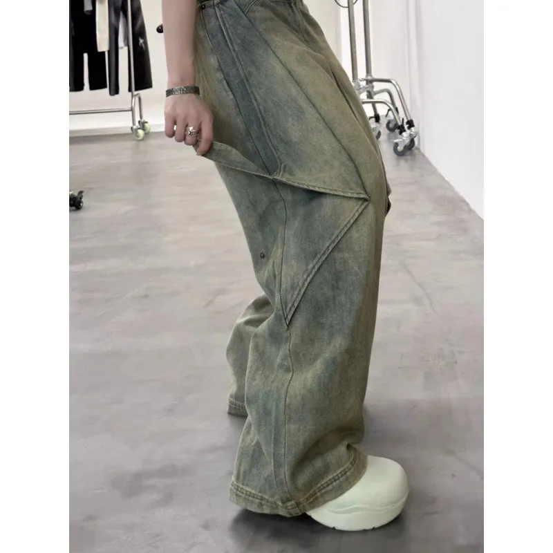 QWEEK Y2k Vintage Jeans Women High Waist Loose Straight Pants Spring Blue Spliced Casual Streetwear Fashion Denim Wide Leg Pants