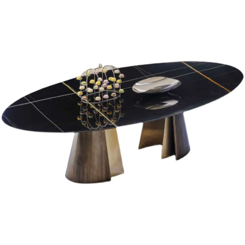 Lauren Black Gold Marble Dining-Table Stainless Steel Dining Bench Designer Modern Light Luxury Oval Round Table