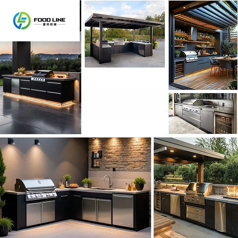 Modular Modern Mediterranean Outdoor Kitchen Heavy Duty BBQ Grill Aluminum Cabinet Pizza Oven Marble Countertop Garden