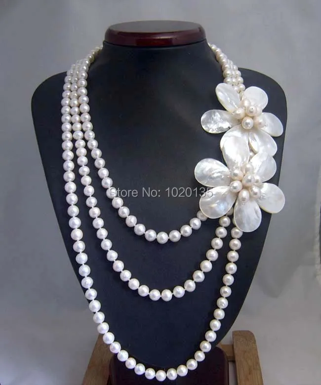 

3rows white freshwater pearl near round shell flower 8-9mm necklace 18-24inch wholesale beads nature gift discount