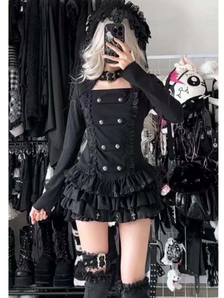 

Japanese Retro Gothic 2-piece Set Harajuku Y2K Double-breasted Splicing Short Top Mini Cake Skirt Daily High-waisted Short Skirt
