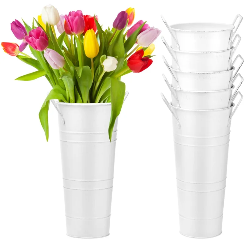 ABJN-Cubos de flores blancos, 6 piezas de jarrones de metal galvanizado de 9,8 "de alto con revestimiento impermeable, cubos de flores de estilo francés