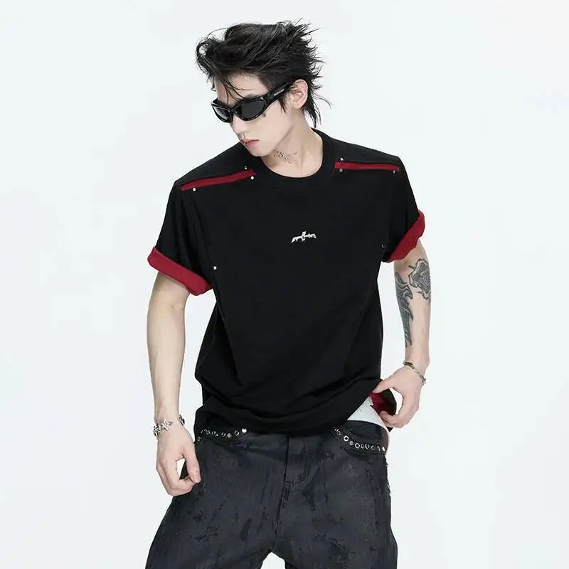 LUZHEN 2026 Summer Color Contrast Hollow Patchwork Shoulder Design Short Sleeve T-shirts Men Fashion Handsome Casual Tops JY6902