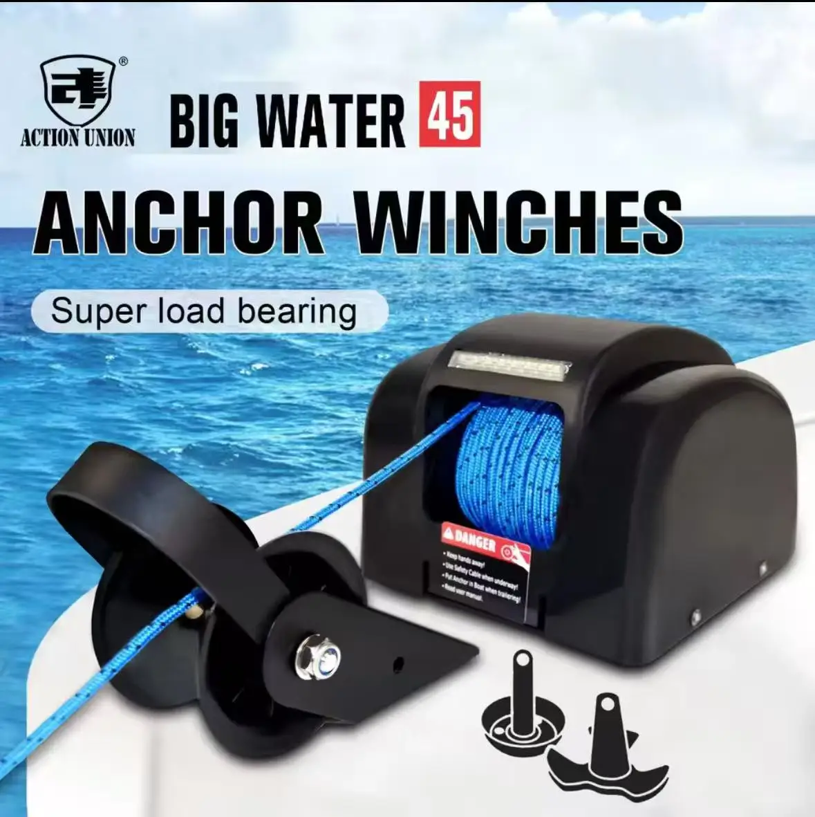 12V Electric Anchor Winch AC 45 Model Action Union for Freshwater Automatic Anchor Release 21kg Anchor Weight Yacht & Ship Use