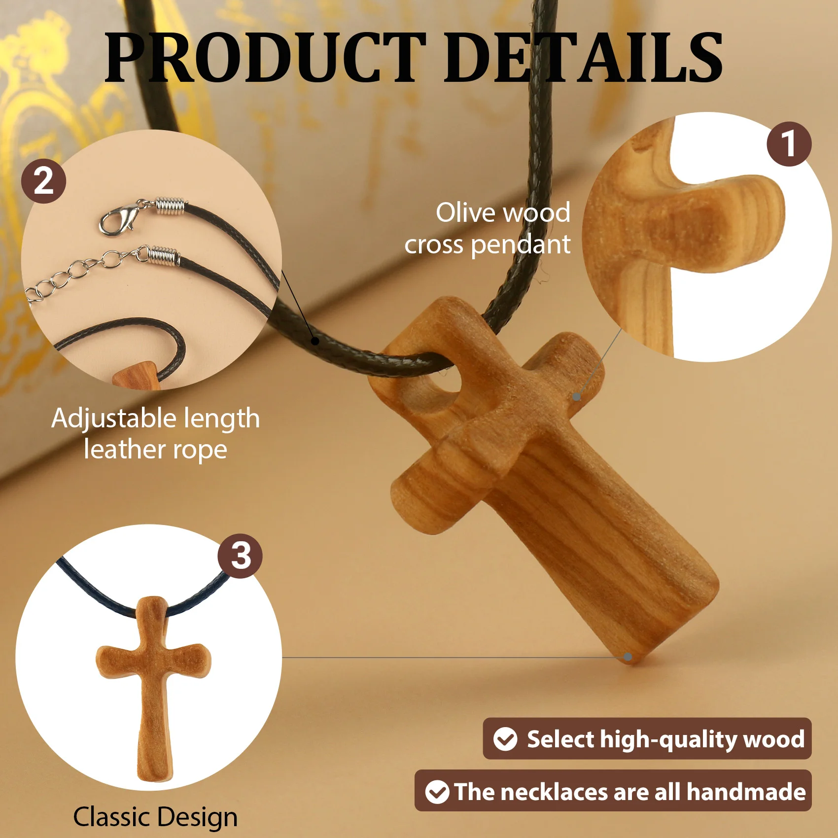 

3pcs YOYAI Handmade Olive Wood Cross Necklace for Men - Vintage Pendants Catholic Religious Prayer Talisman Gift for Him