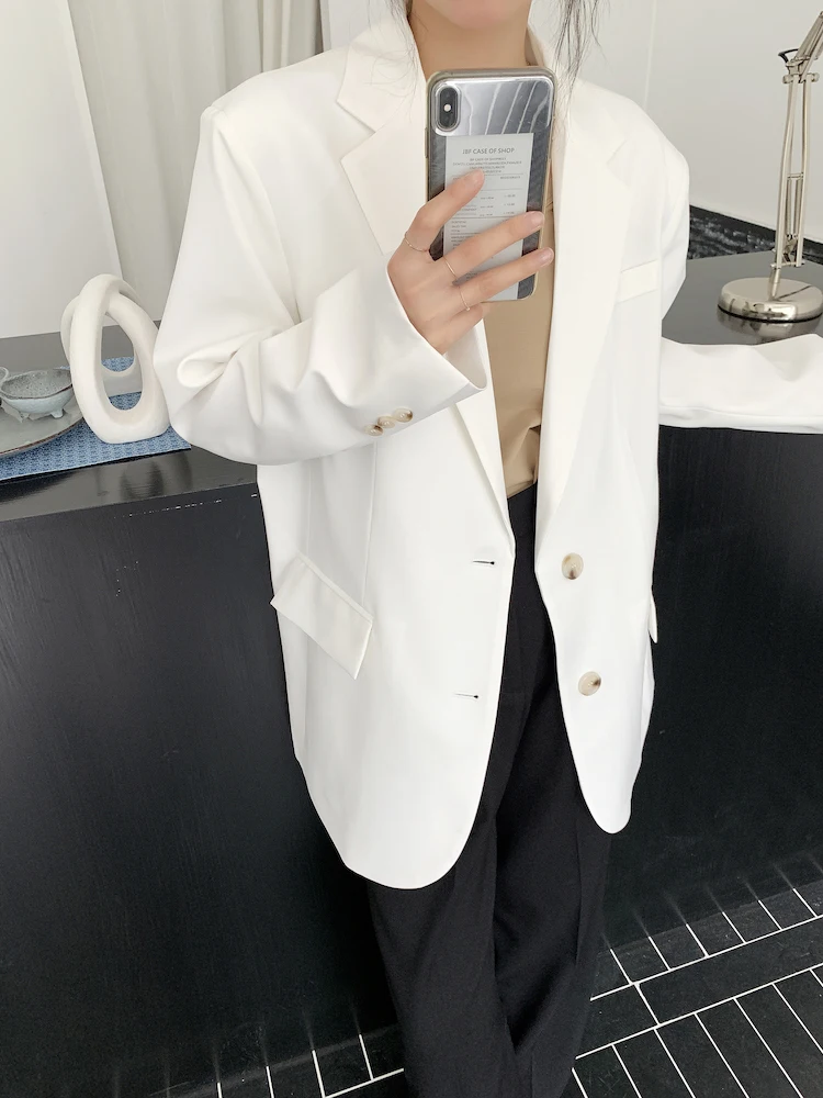 

Белый женский пиджак свободного кроя с открытыми плечами, весенне-летний, на одной пуговице, с длинными рукавами, средней длины, для повседневной носки, однотонный