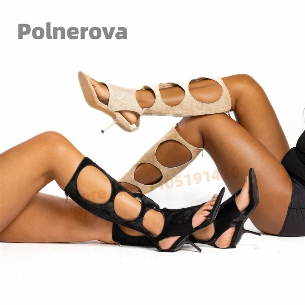 Real Horsehair Hollow Sandals Boots for Women Clip Toe Knee High Boots Cutout Stilettos High Heels Luxury Party Summer Shoes