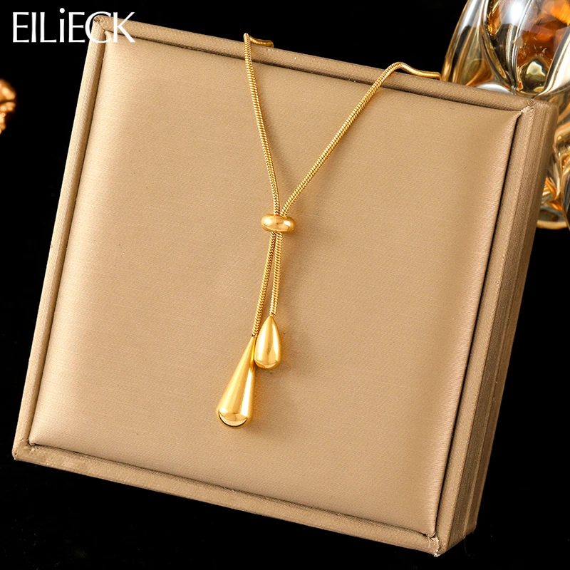 EILIECK 316L Stainless Steel Teardrop Tassel Pendant Necklace For Women Fashion Gold Color Drawstring Neck Chain Jewelry Gift