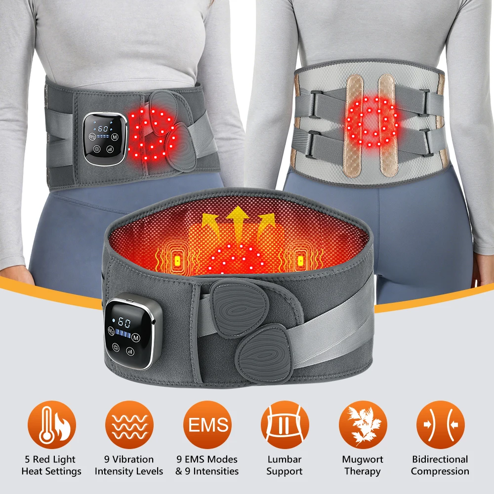 Lumbar Support Belt Heated Waist Massager 9 Vibration Modes Warming 40-60°C Rechargeable Back Brace