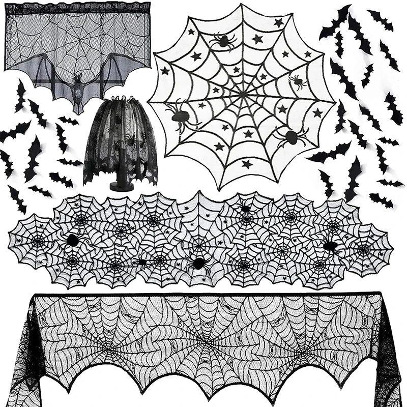 Halloween Decorations Tablecloth Black Lace Round Spider Cobweb Table Cover Fireplace Mantel Scarf Spiderweb Fireplace Scarf