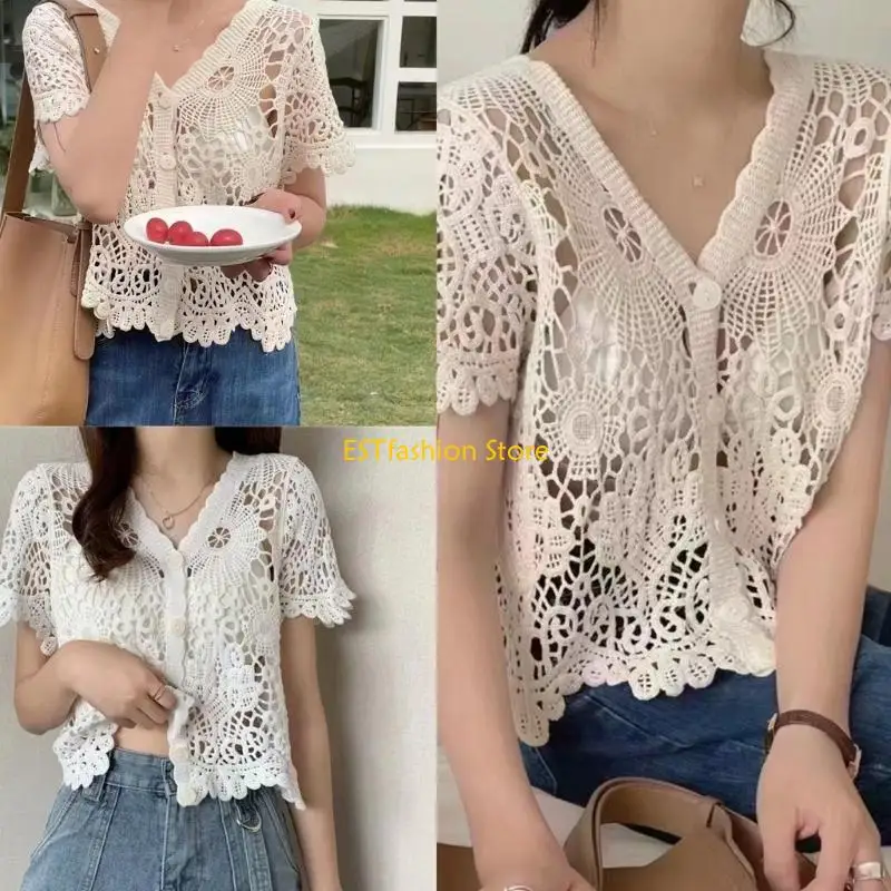 

Y5GC Women's Short Sleeve Shrugs Summer Floral Crochet Lace Open Front Cardigan