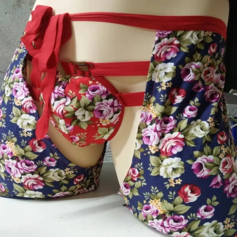 

Men Sexy Retro Floral Thong Open Crotch Shorts Set Double Waistband Erotic Briefs Couples BF G-string Crotchless Outside Cover