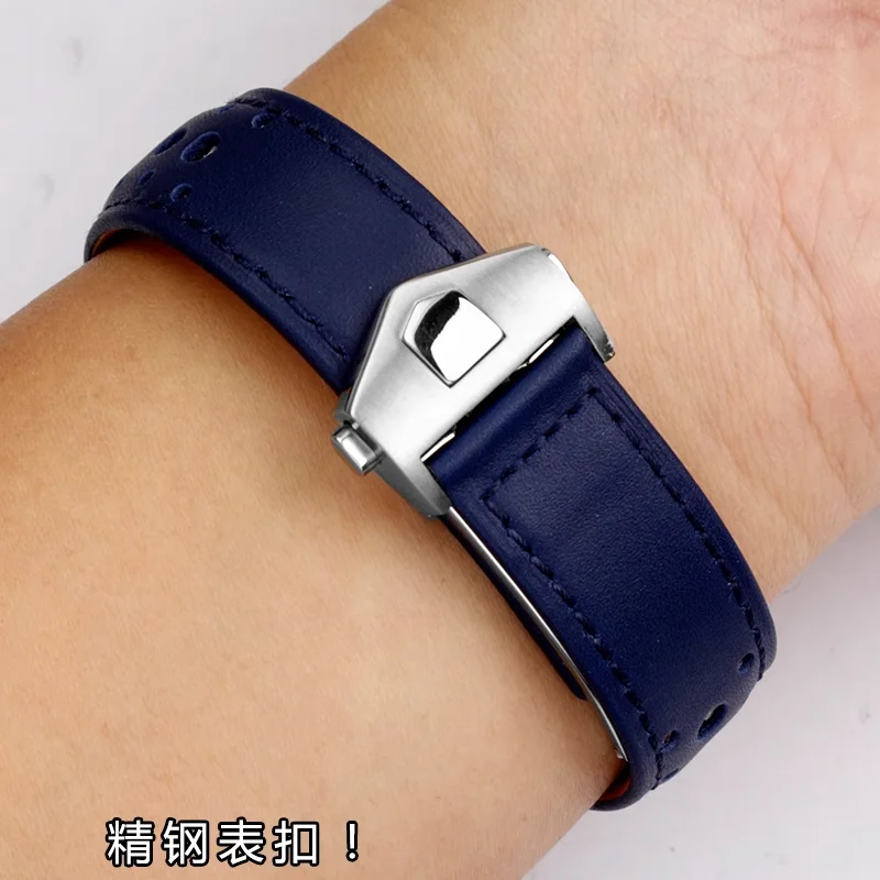 Pulseira de couro respirável 22mm para tag heuer monaco carrera cbl2115 pulseira de relógio de couro masculino fivela dobrável pulseira